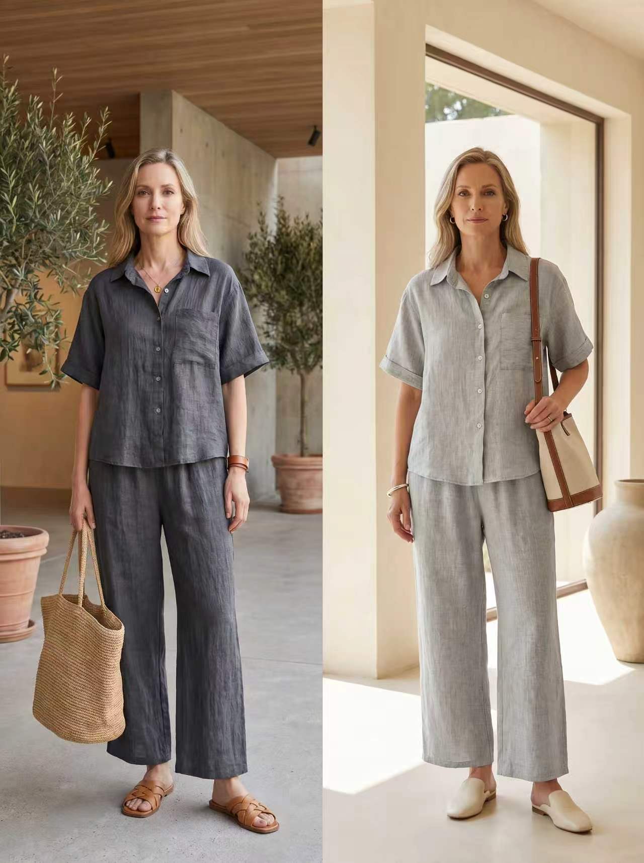 Komplettes Sommer-Set Leinen&Baumwolle Einheitsgröße Hemd Oversize Weite Hose Komfort