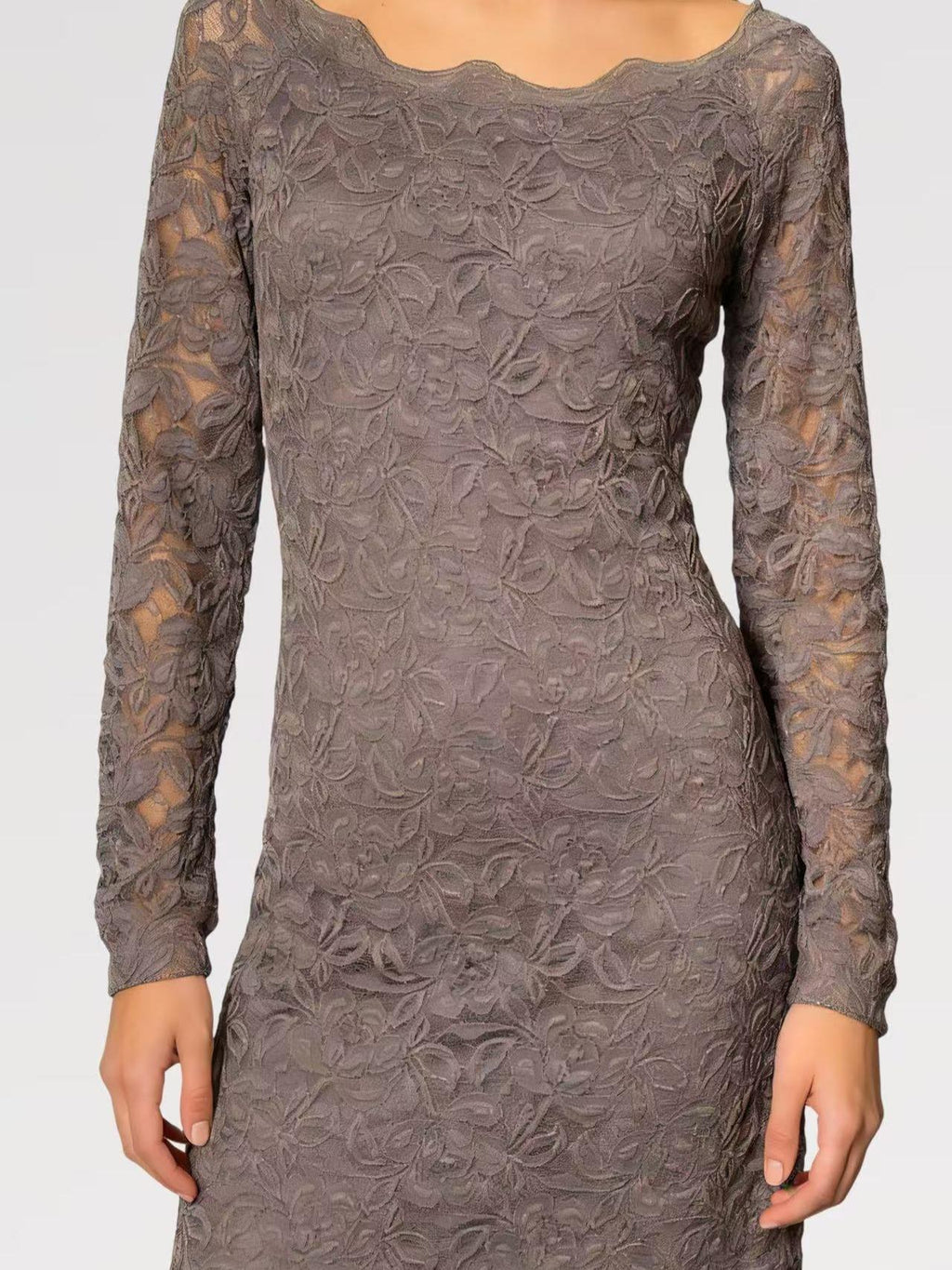 Abito Corto in Pizzo Elasticizzato Manica Lunga Elegante con Scollatura Rotonda e Tessuto Morbido per Occasioni Speciali