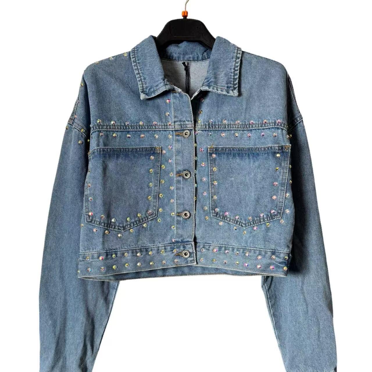 Giacca Denim Crop con Strass Lumina Multicolor