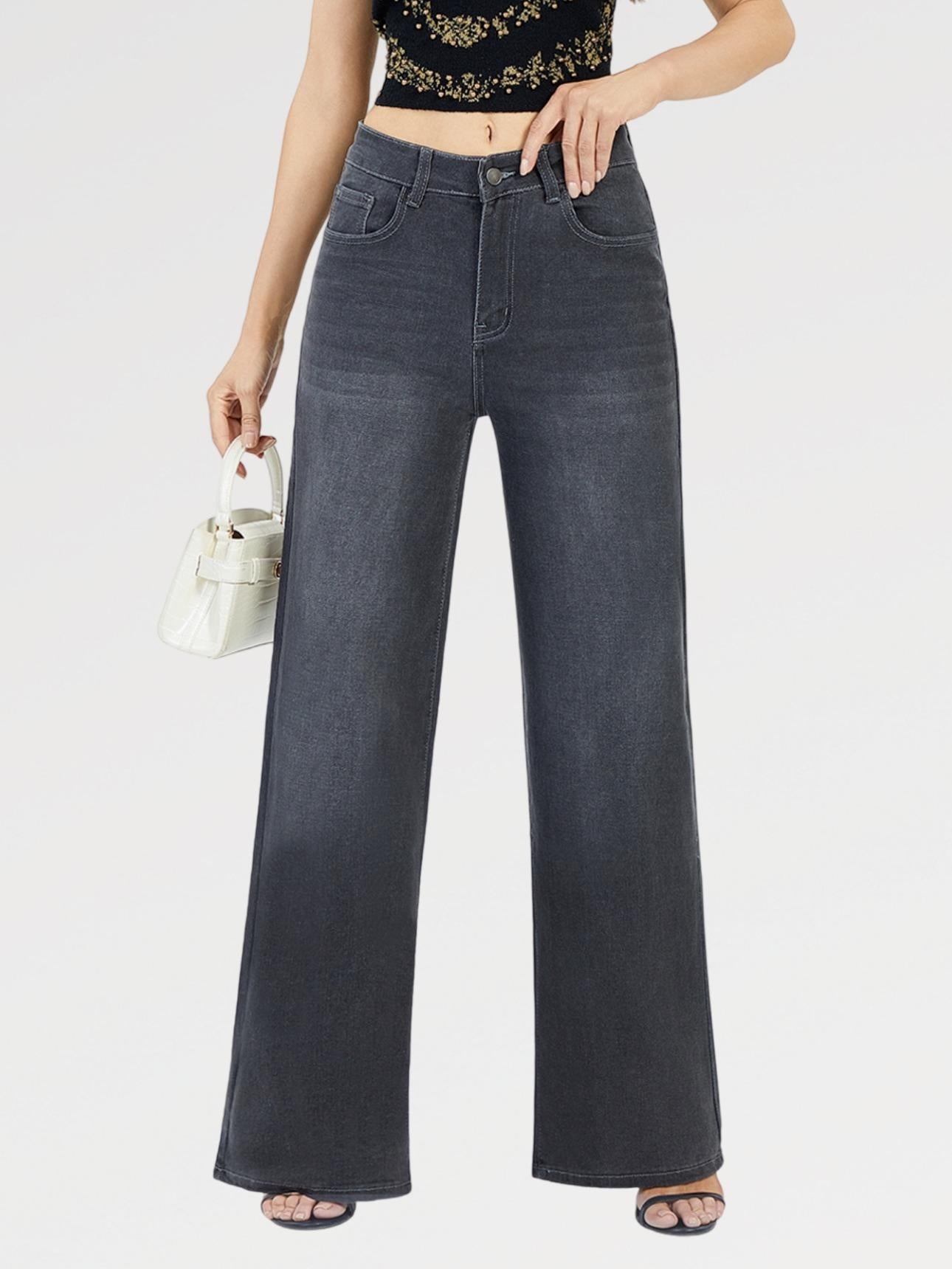 Jeans Palazzo ANNA Elasticizzati a Vita Alta Modello Palazzo Sigaretta Gamba Ampia Tessuto Denim Elasticizzato Chiusura Bottone e Zip Vestibilità Confortevole e Modellante Ideali per Ogni Occasione Design Moderno e Femminile