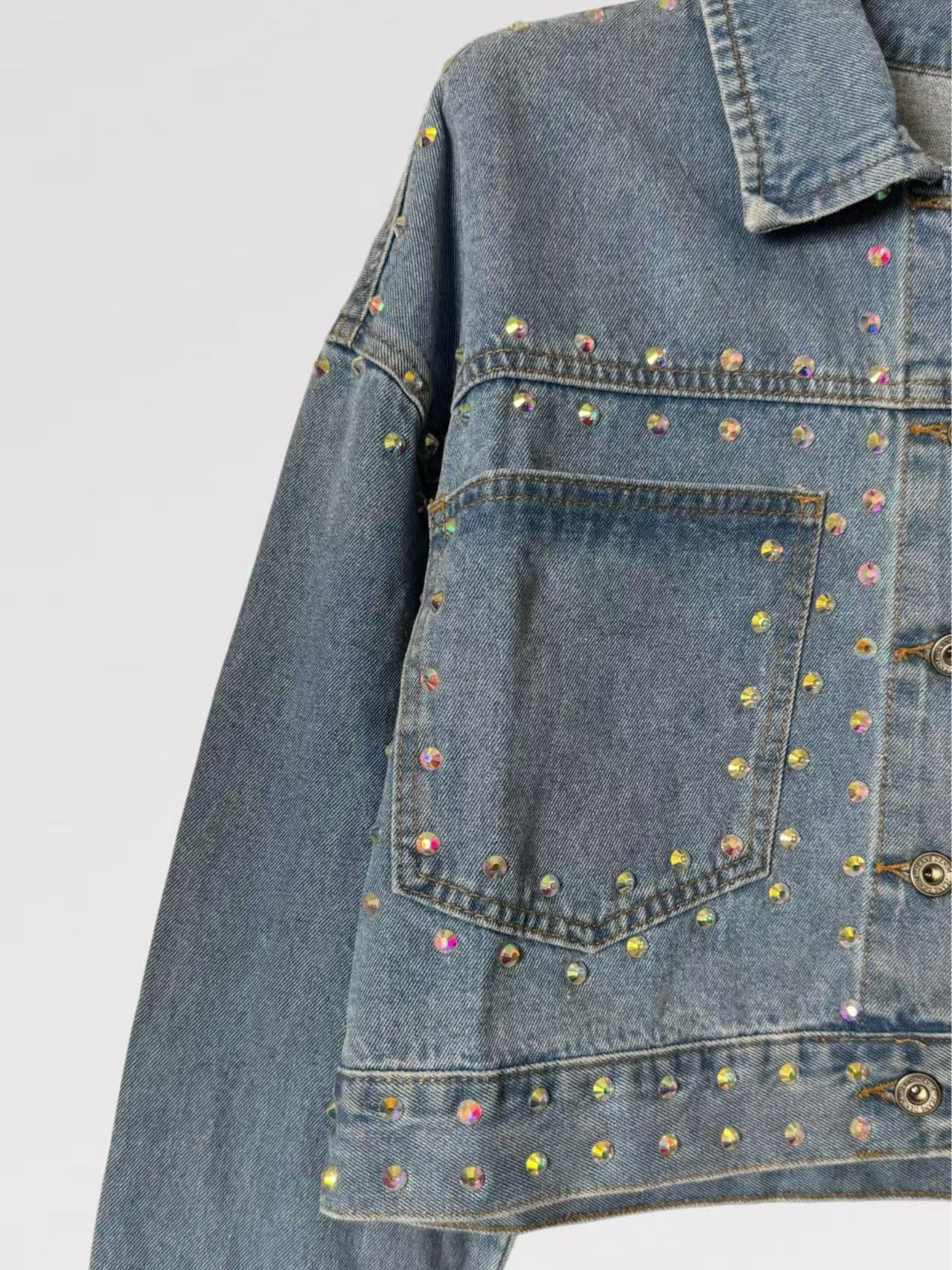 Giacca Denim Crop con Strass Lumina Multicolor
