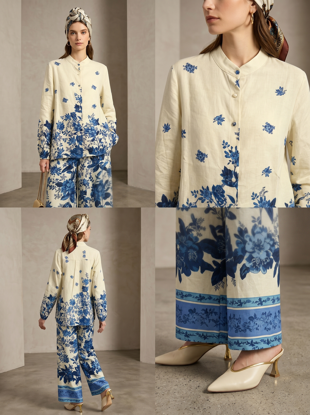 Dolce Garden Completo Lino Cotone Made in Italy Camicia Morbida Maniche Ampie Pantalone Palazzo Floreale Fit Rilassato Chic S M L