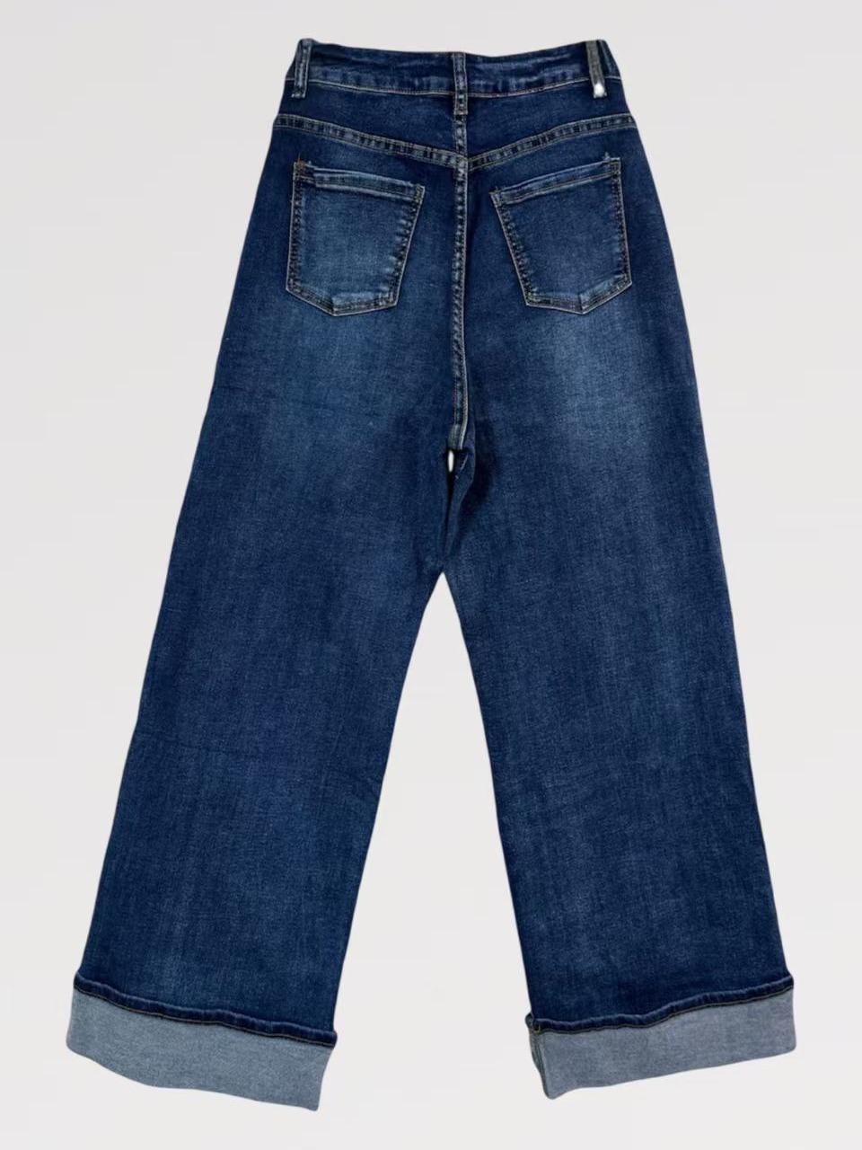 Jeans Wide Leg Elastic Cuff in Denim Elasticizzato con Fondo Risvoltato e Cinque Tasche per Vestibilità Naturale e Look Casual