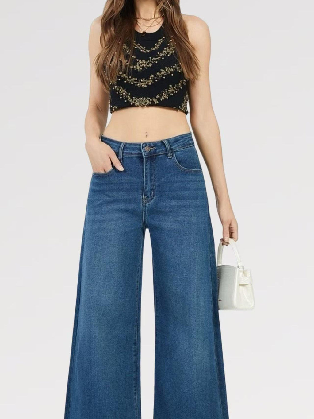 Jeans Palazzo ELSA  Elasticizzati a Vita Alta Nero & Blu Design Moderno e Femminile Gamba Ampia Denim Comfortevole e Modellante con Chiusura Bottone e Zip