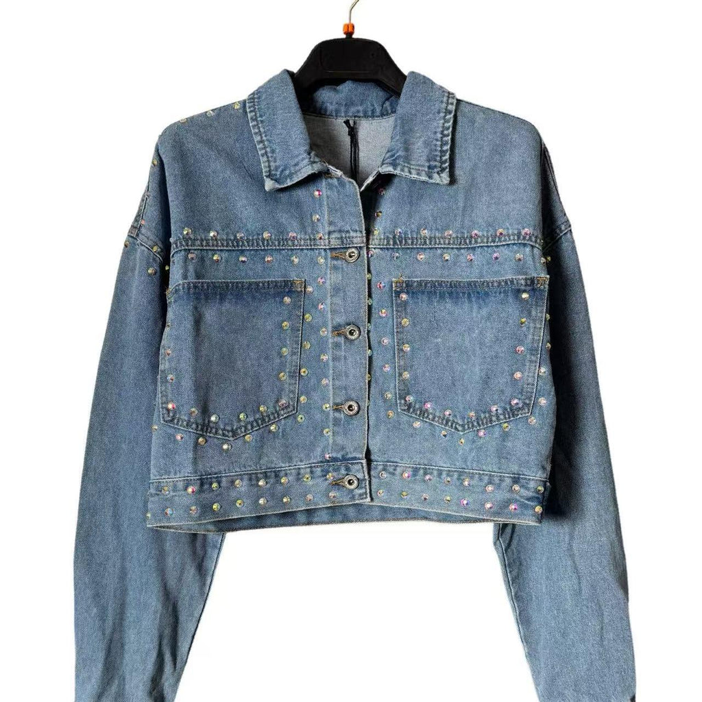 Giacca Denim Crop con Strass Lumina Multicolor