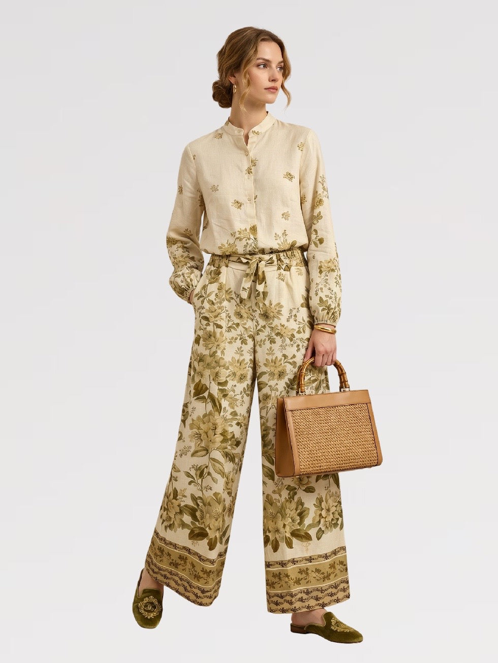 Dolce Garden Completo Lino Cotone Made in Italy Camicia Morbida Maniche Ampie Pantalone Palazzo Floreale Fit Rilassato Chic S M L