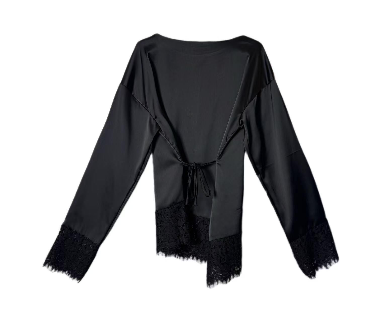 Blusa in Raso con Dettagli in Pizzo e Laccio Posteriore - Made in Italy