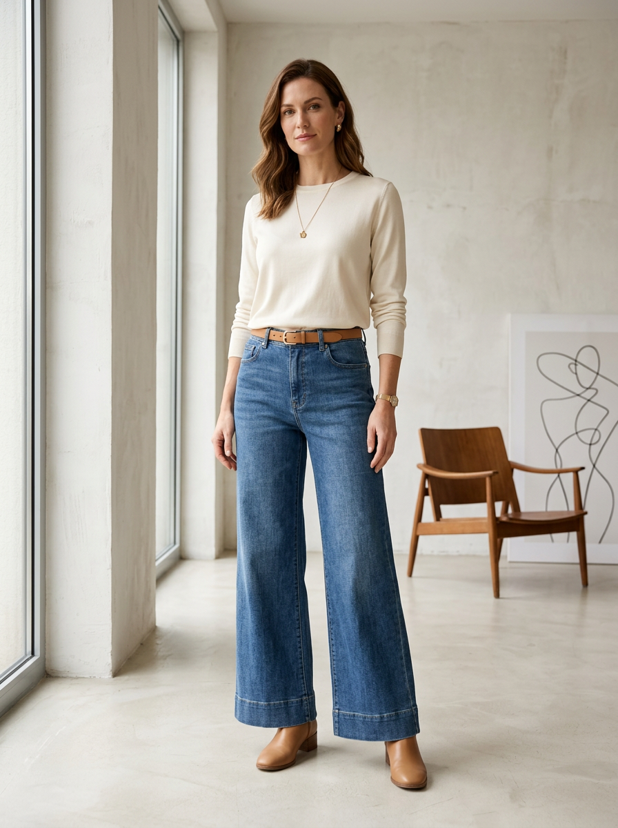 【Lady First】Jeans Palazzo ELSA  Elasticizzati a Vita Alta Nero & Blu Design Moderno e Femminile Gamba Ampia Denim Comfortevole e Modellante con Chiusura Bottone e Zip