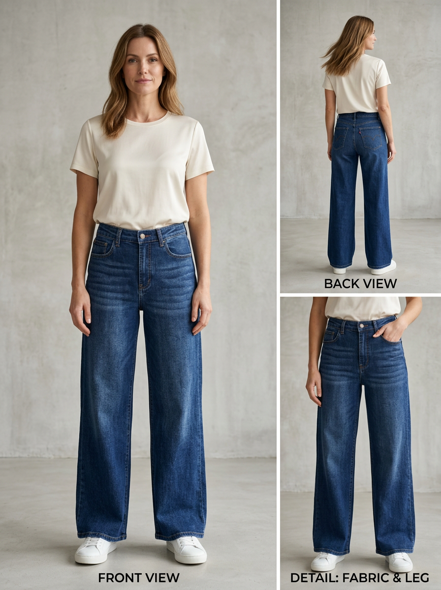 【Lady First】Jeans Palazzo ANNA Elasticizzati a Vita Alta Modello Palazzo Gamba Ampia Tessuto Denim Elasticizzato Chiusura Bottone e Zip Vestibilità Confortevole e Modellante Ideali per Ogni Occasione Design Moderno e Femminile