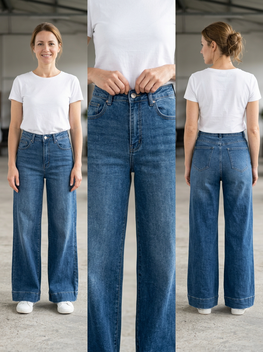 【Lady First】Jeans Palazzo ELSA  Elasticizzati a Vita Alta Nero & Blu Design Moderno e Femminile Gamba Ampia Denim Comfortevole e Modellante con Chiusura Bottone e Zip