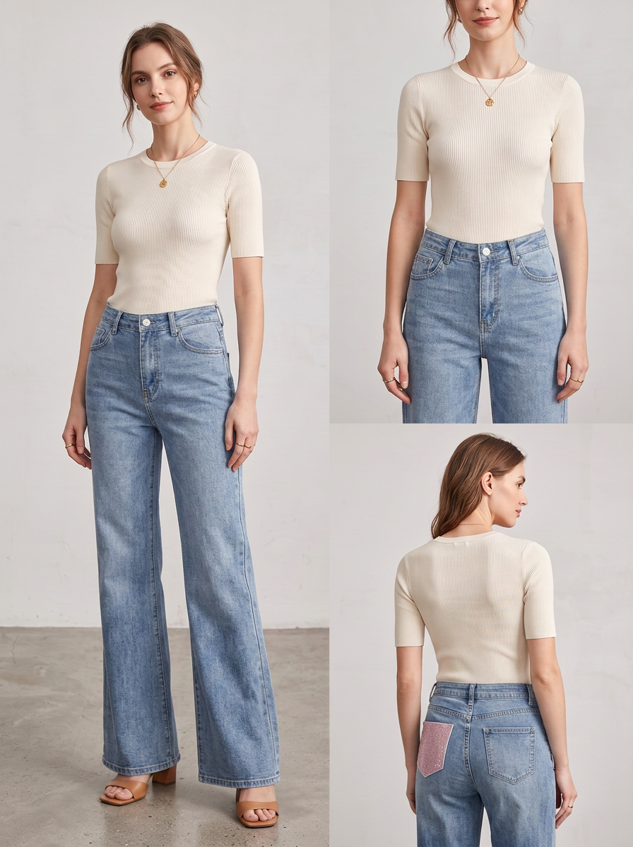 【Lady First】Jeans Galassia Rosa - Jeans elasticizzato Chiaro con tasca posteriore rifinito con tessuto rosa e brillantinato