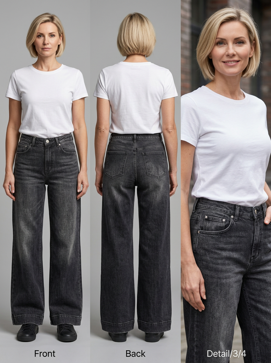 【Lady First】Jeans Palazzo ELSA  Elasticizzati a Vita Alta Nero & Blu Design Moderno e Femminile Gamba Ampia Denim Comfortevole e Modellante con Chiusura Bottone e Zip