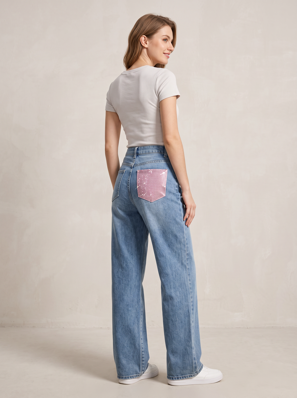 【Lady First】Jeans Galassia Rosa - Helle Stretch-Jeans mit Gesäßtasche, veredelt mit rosa und glitzerndem Stoff