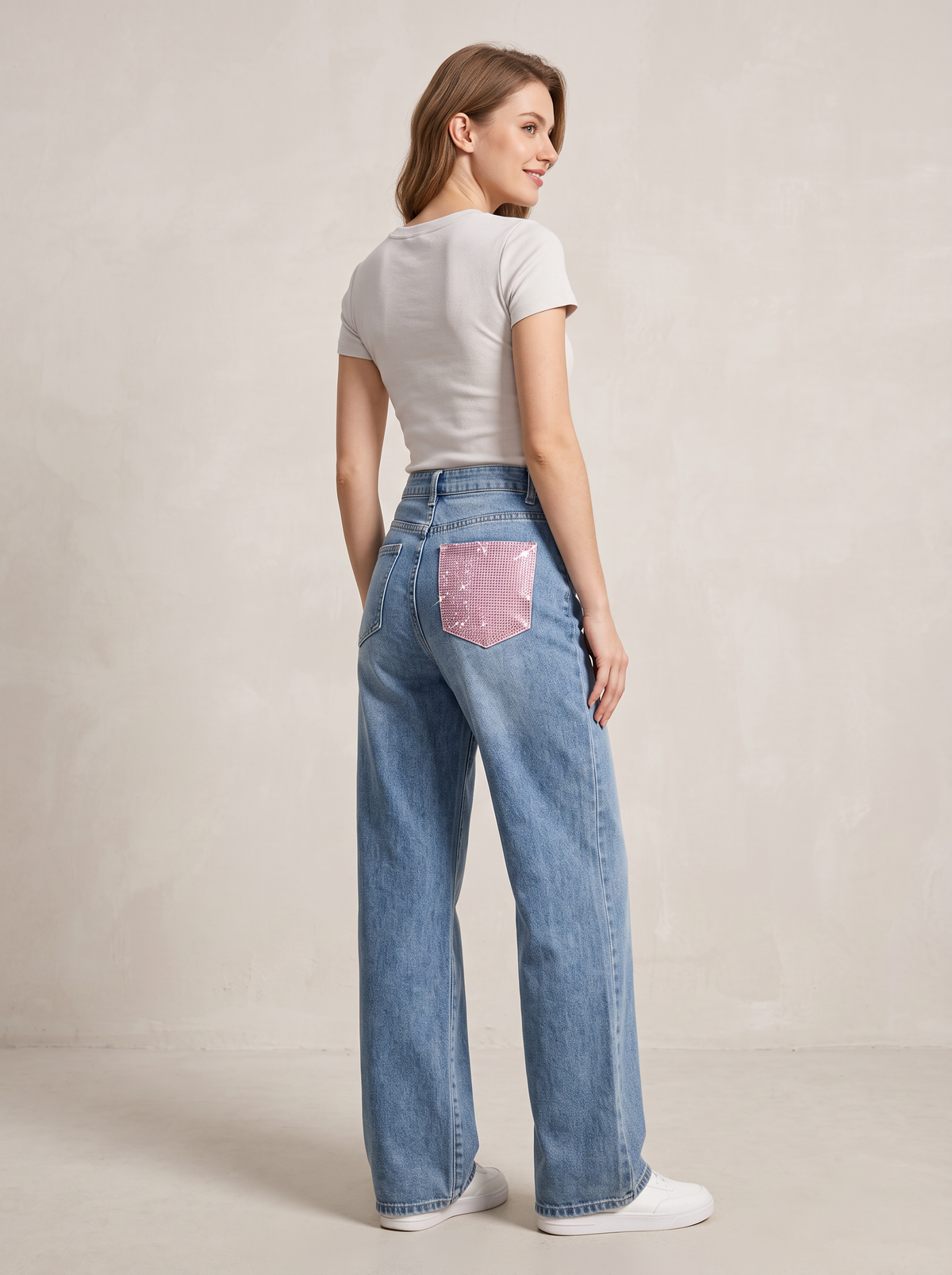 【Lady First】Jeans Galassia Rosa - Jeans elasticizzato Chiaro con tasca posteriore rifinito con tessuto rosa e brillantinato