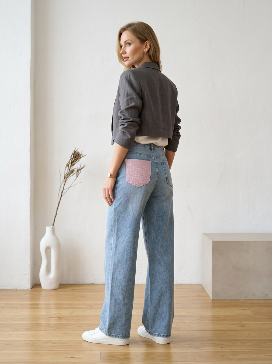 【Lady First】Jeans Galassia Rosa - Jeans elasticizzato Chiaro con tasca posteriore rifinito con tessuto rosa e brillantinato