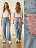 【Lady First】Jeans Galassia Rosa - Helle Stretch-Jeans mit Gesäßtasche, veredelt mit rosa und glitzerndem Stoff