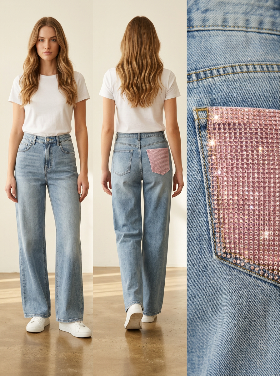 【Lady First】Jeans Galassia Rosa - Jeans elasticizzato Chiaro con tasca posteriore rifinito con tessuto rosa e brillantinato