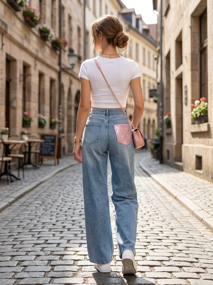 【Lady First】Jeans Galassia Rosa - Jeans elasticizzato Chiaro con tasca posteriore rifinito con tessuto rosa e brillantinato
