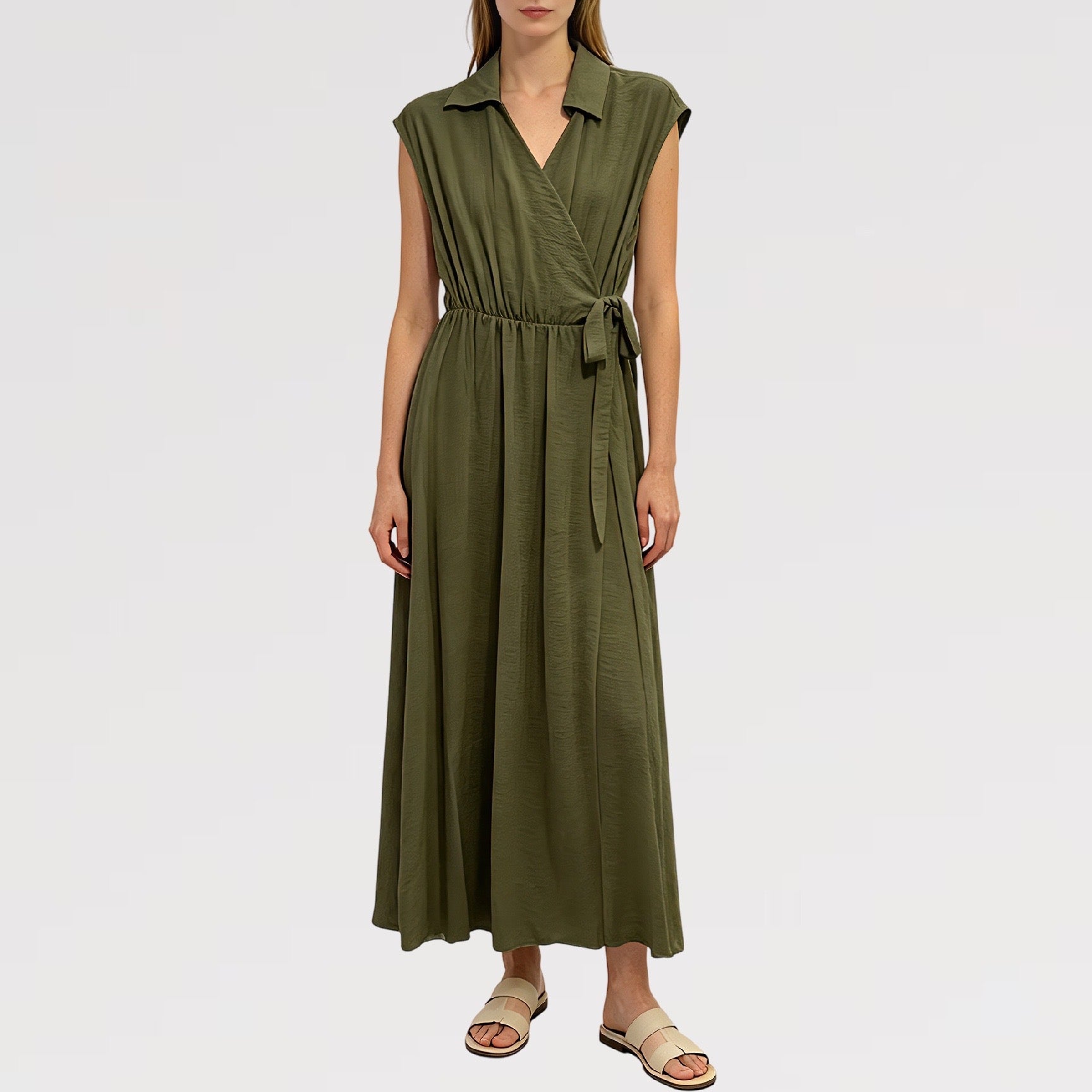 【Lady First】Abito TERESA  lungo senza maniche collare camicia 100% viscosa avvolgente vita regolabile -made in italy