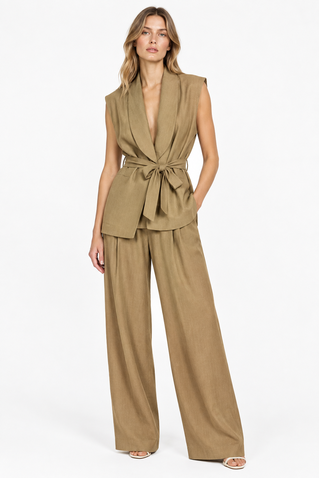 【Lady First】Langer Westen-Anzug mit Gürtel in der Taille - Hergestellt in Italien