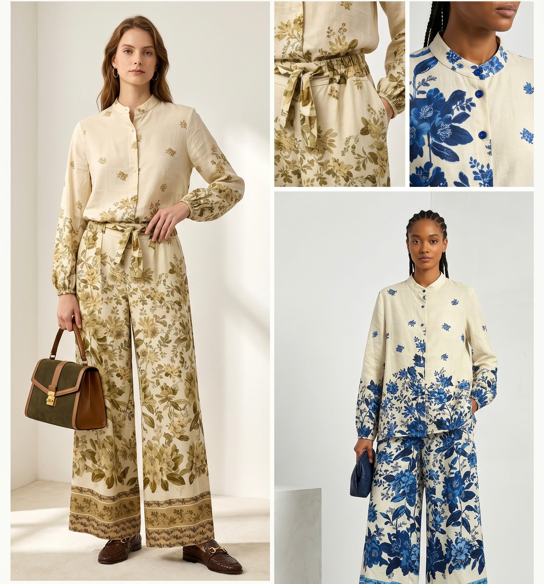 Dolce Garden Completo Lino Cotone Made in Italy Camicia Morbida Maniche Ampie Pantalone Palazzo Floreale Fit Rilassato Chic S M L