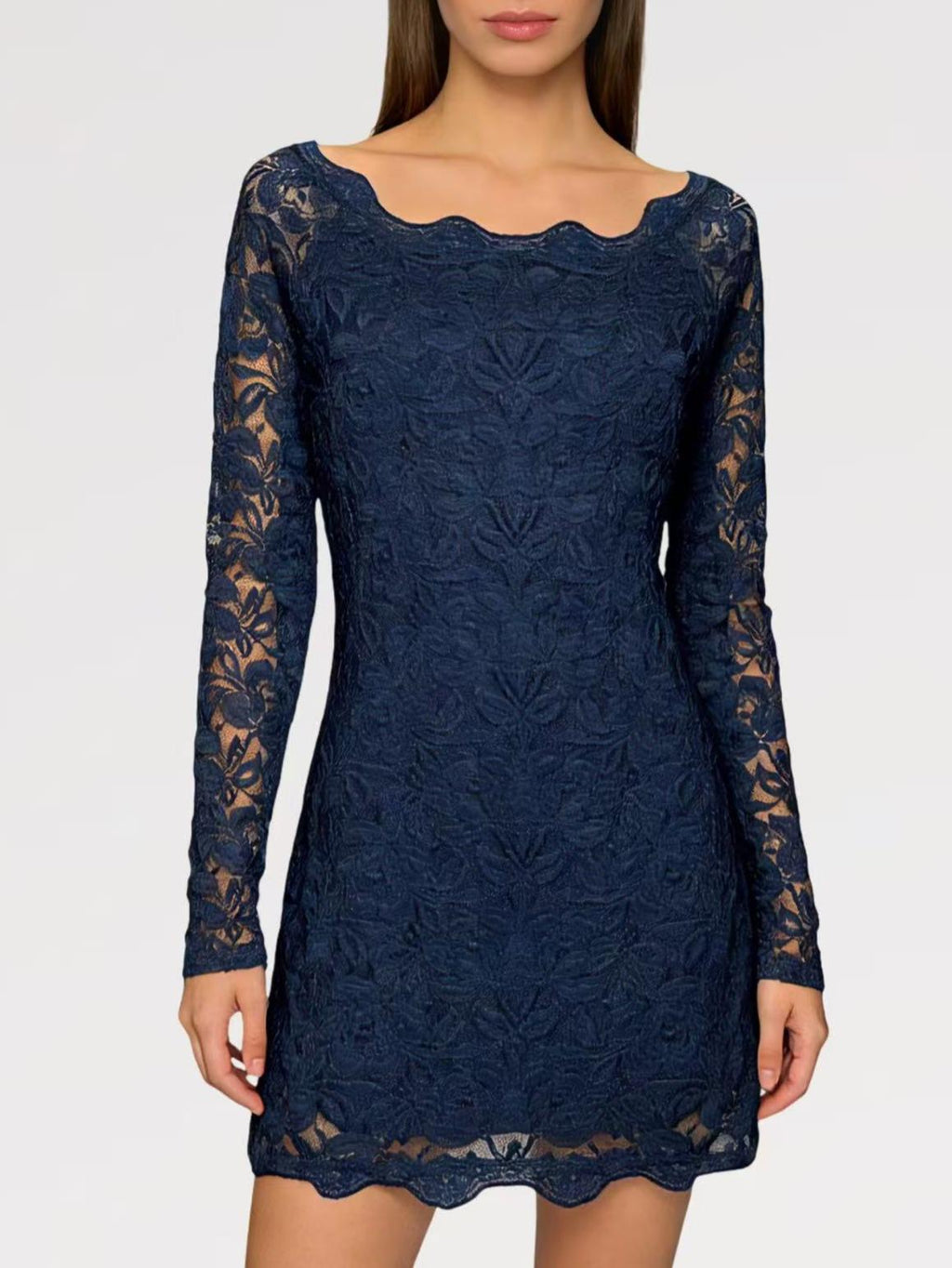 Abito Corto in Pizzo Elasticizzato Manica Lunga Elegante con Scollatura Rotonda e Tessuto Morbido per Occasioni Speciali