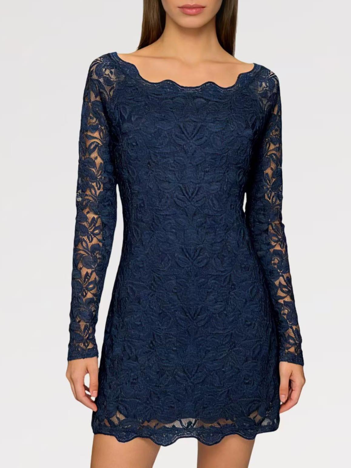 Abito Corto in Pizzo Elasticizzato Manica Lunga Elegante con Scollatura Rotonda e Tessuto Morbido per Occasioni Speciali