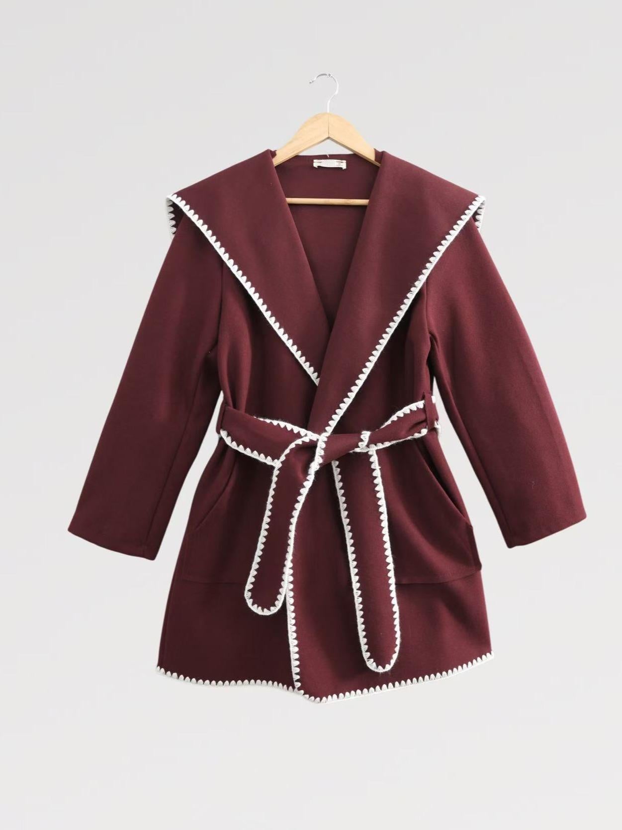 Cappotto Kimono con Profili a Contrasto Design Morbido e Femminile Taglia Unica Vestibilità Rilassata in Marrone Cammello e Bordeaux