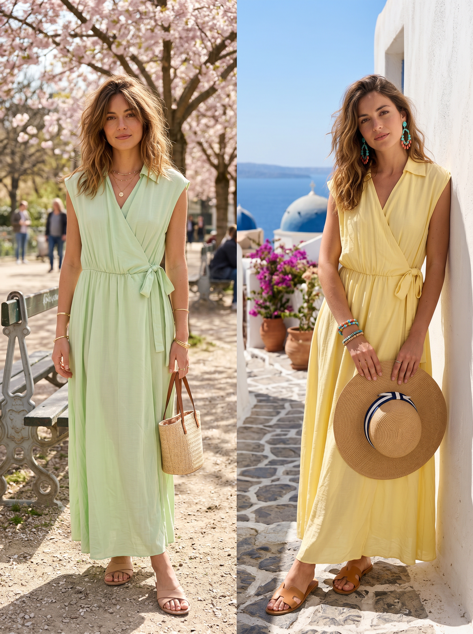 【Lady First】Abito TERESA  lungo senza maniche collare camicia 100% viscosa avvolgente vita regolabile -made in italy
