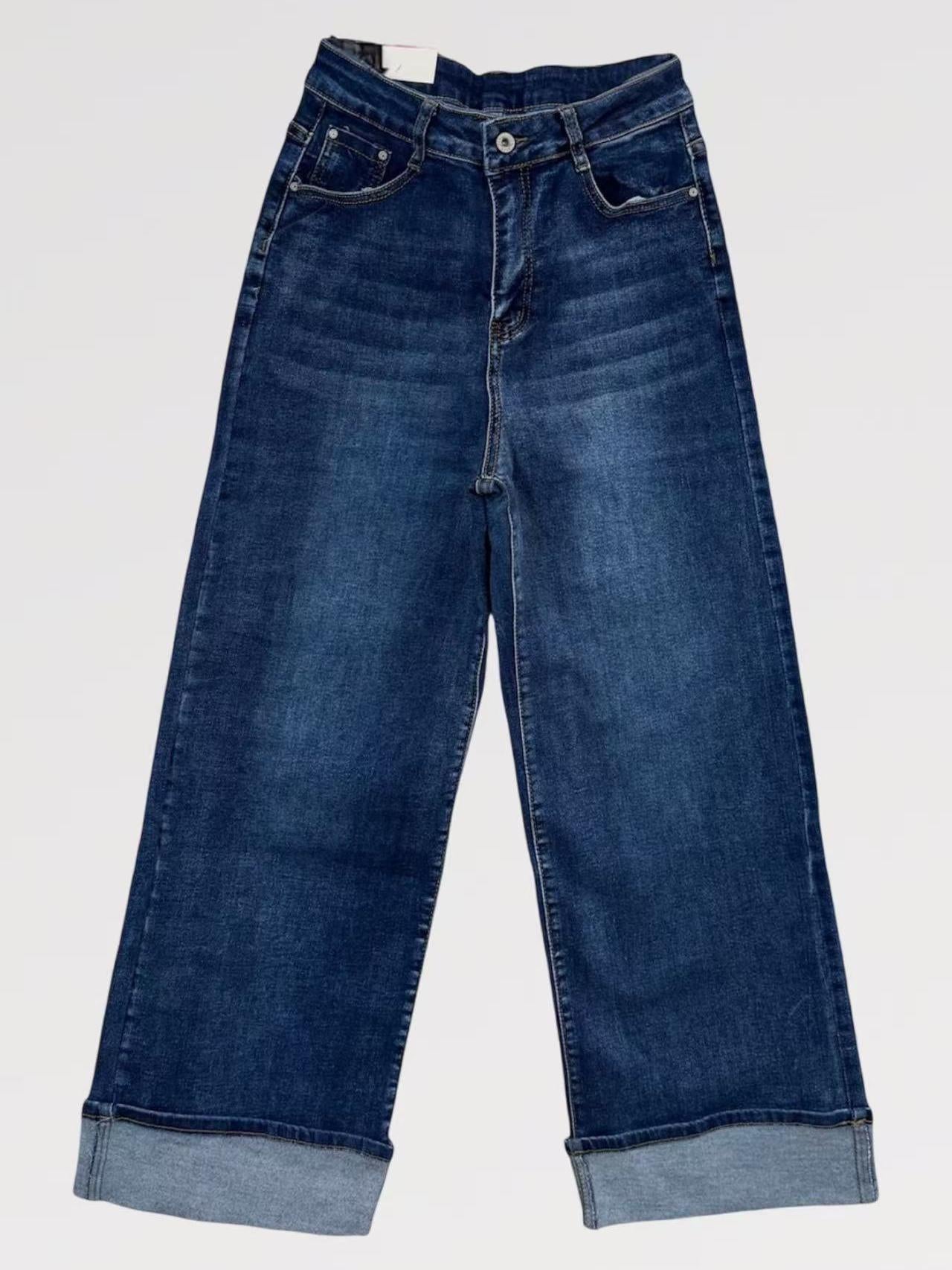 Jeans Wide Leg Elastic Cuff in Denim Elasticizzato con Fondo Risvoltato e Cinque Tasche per Vestibilità Naturale e Look Casual