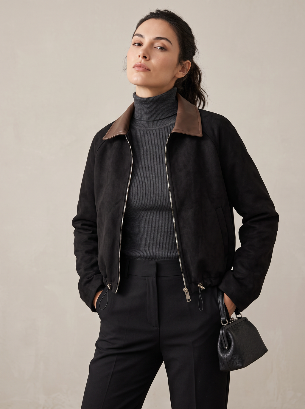 【Lady First】NINA ✦ Giacca corta effetto camoscio con collo in ecopelle