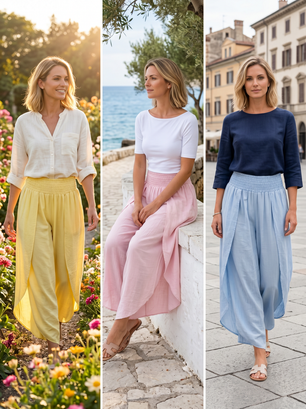 【Lady First】Pantalone GIOIA doppio strato effetto gonna, disponibile versione tinta unita e pois-Made in Italy