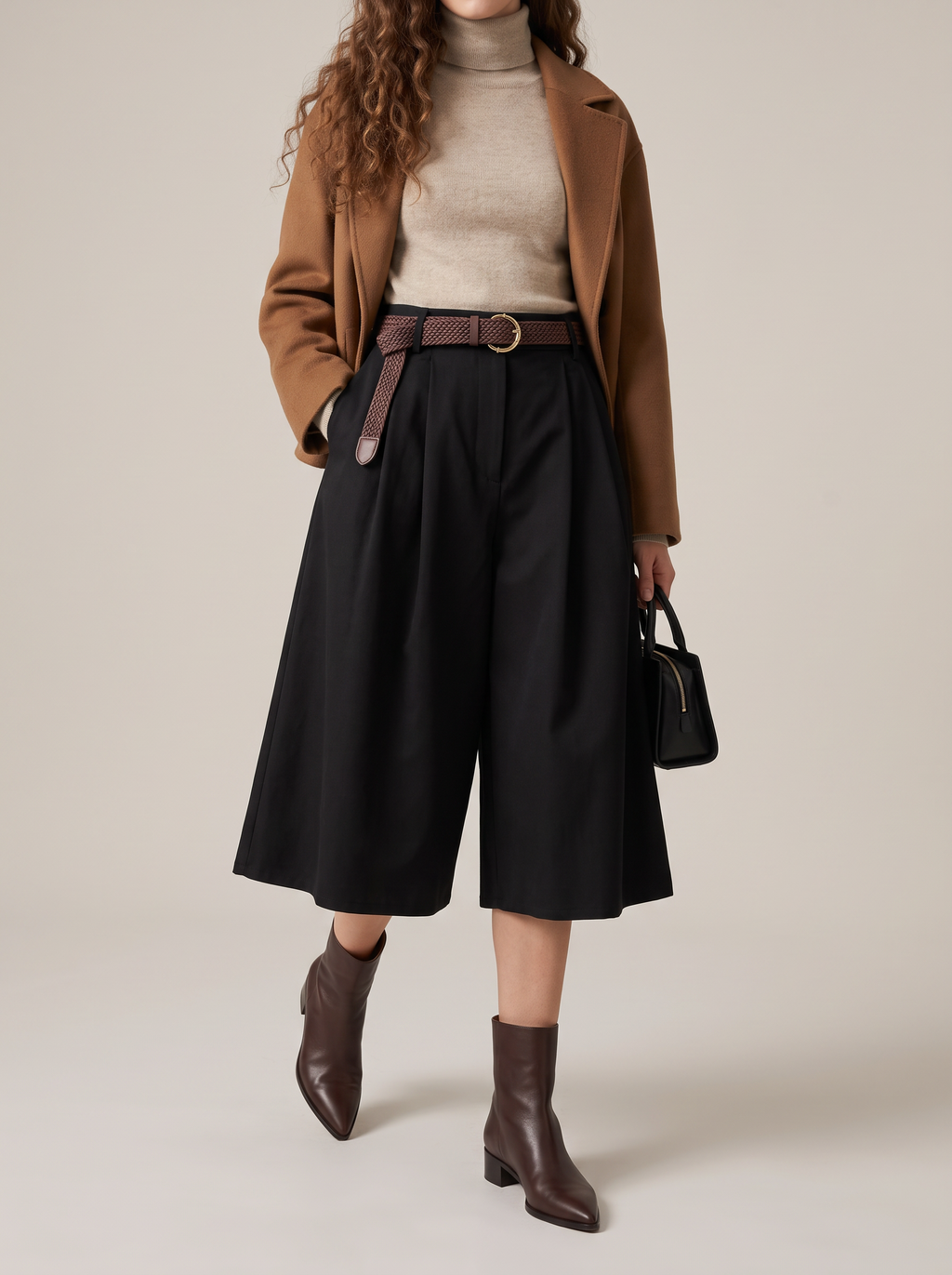 【Lady First】VIVIAN Pantalone culotte a vita alta con cintura intrecciata