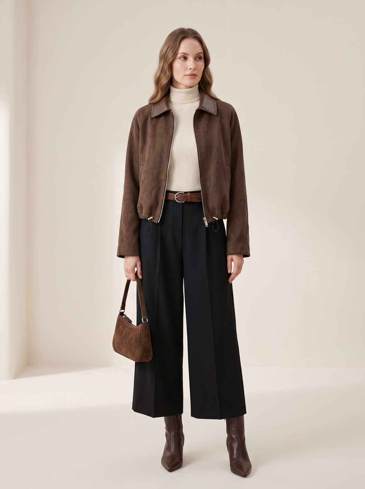 【Lady First】NINA ✦ Giacca corta effetto camoscio con collo in ecopelle