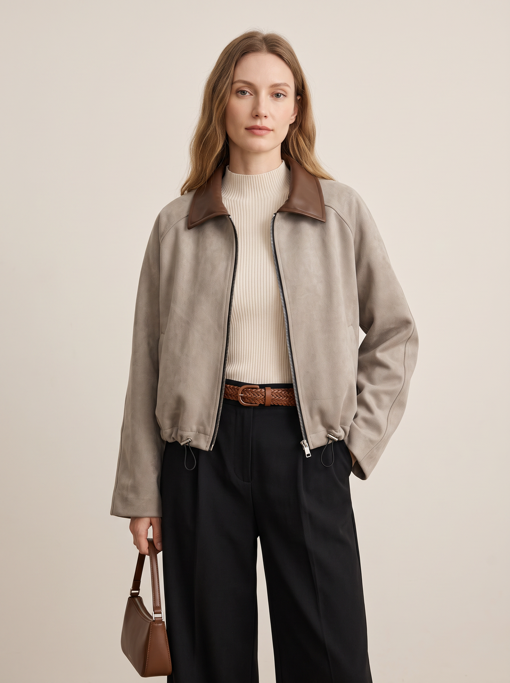 【Lady First】NINA ✦ Giacca corta effetto camoscio con collo in ecopelle