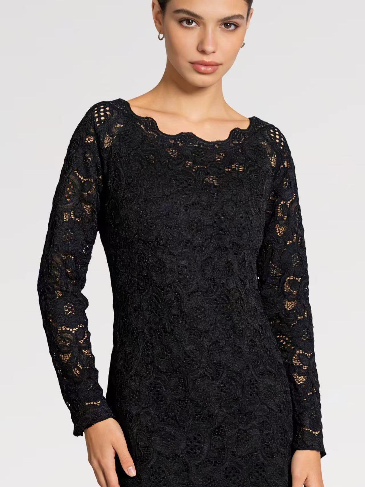 Abito Corto in Pizzo Elasticizzato Manica Lunga Elegante con Scollatura Rotonda e Tessuto Morbido per Occasioni Speciali