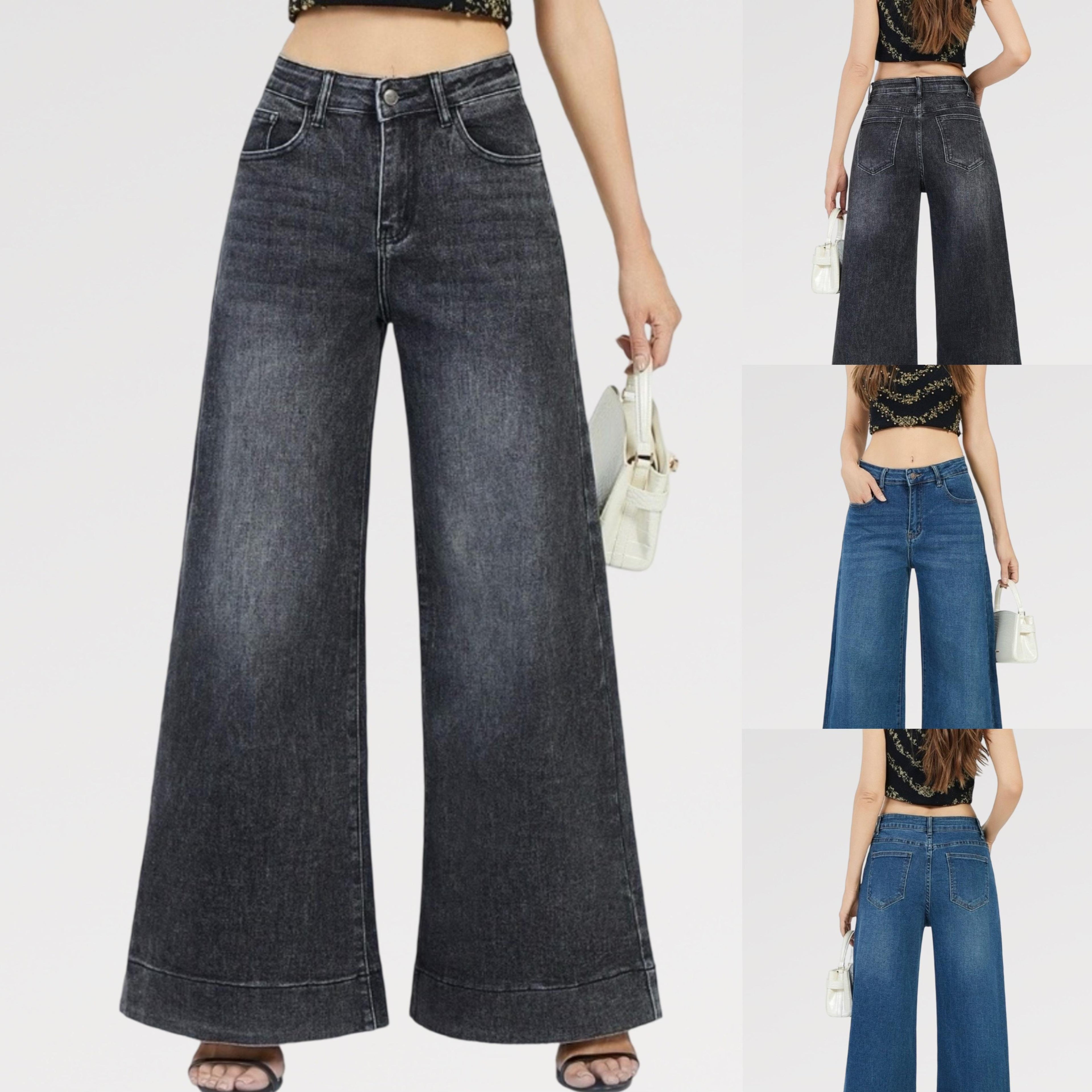 Jeans Palazzo ELSA  Elasticizzati a Vita Alta Nero & Blu Design Moderno e Femminile Gamba Ampia Denim Comfortevole e Modellante con Chiusura Bottone e Zip