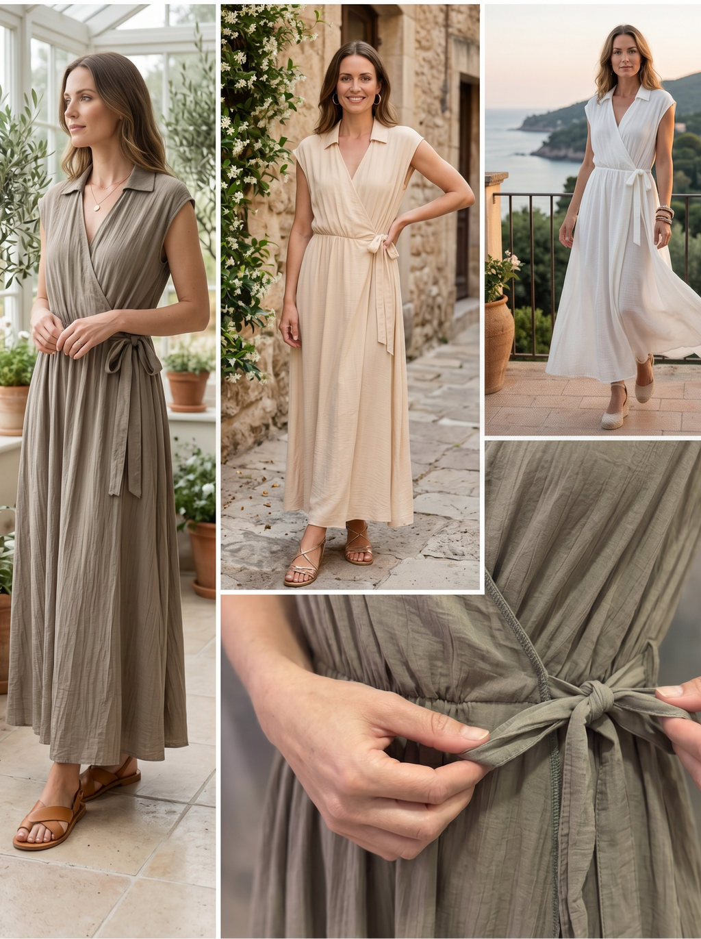 【Lady First】Abito TERESA  lungo senza maniche collare camicia 100% viscosa avvolgente vita regolabile -made in italy