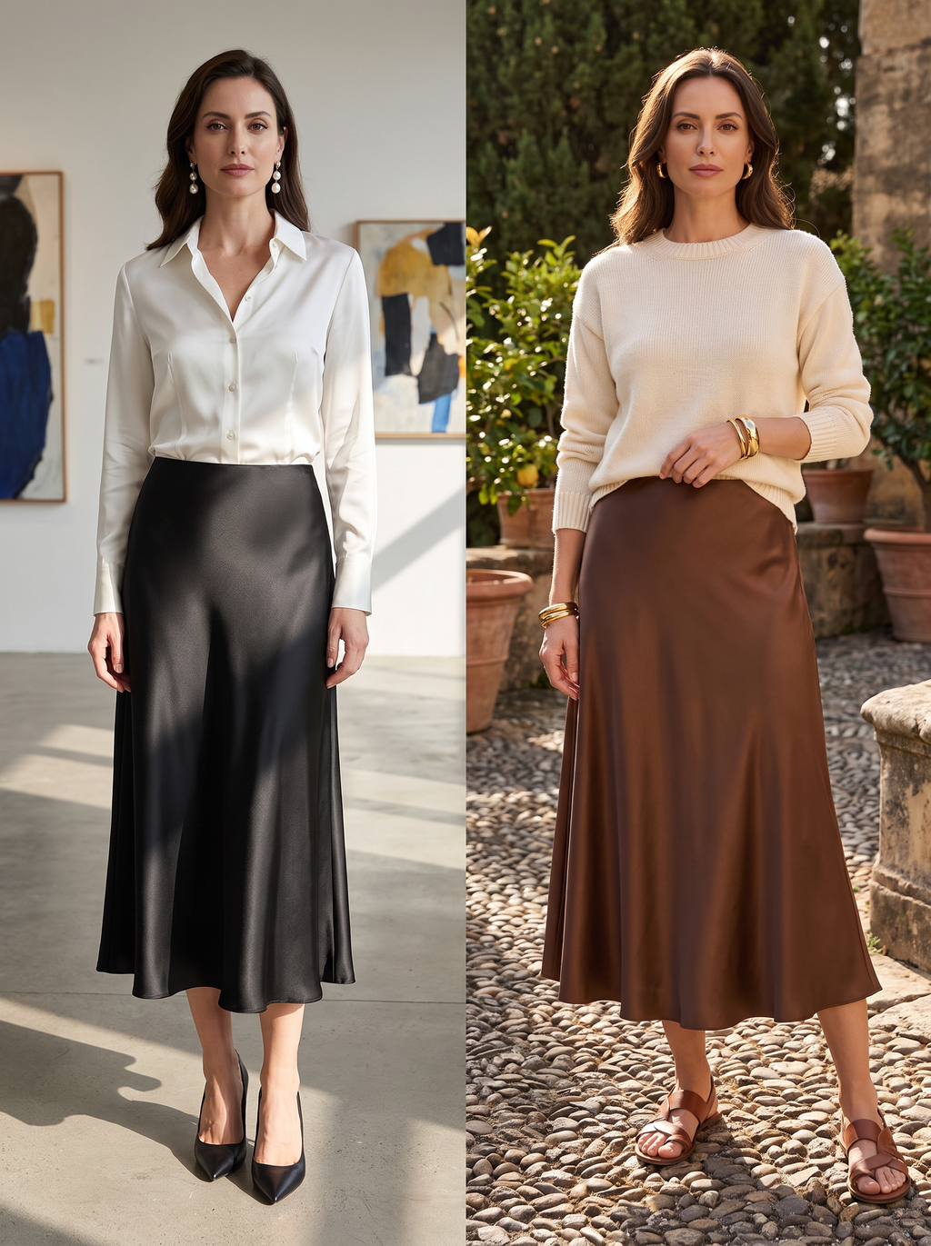 【Lady First】Langer Satin-Rock Made in Italy mit glänzendem und seidigem Finish, fließendem Schnitt und Stretchanteil für Komfort und Eleganz – perfekt für besondere Anlässe