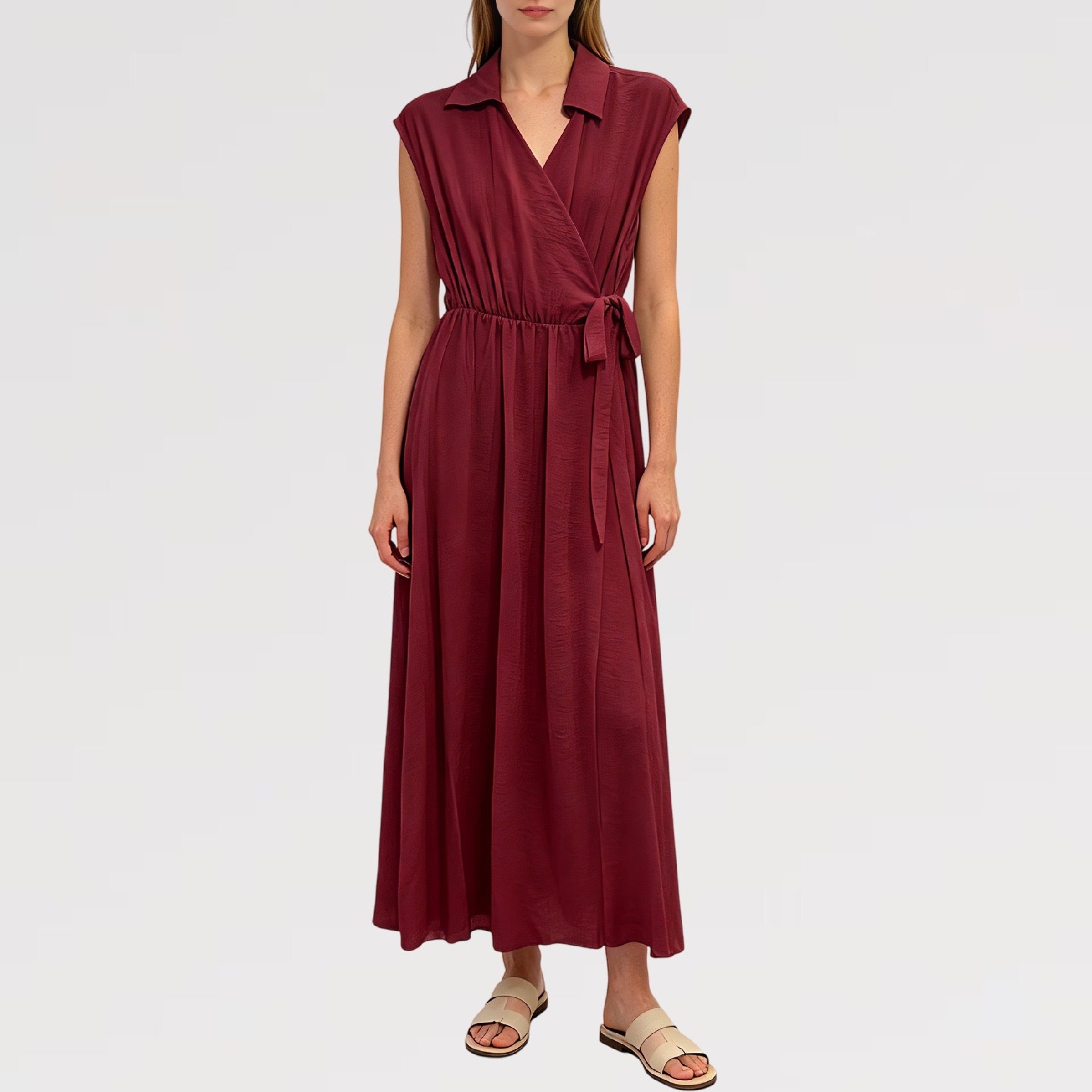 【Lady First】Abito TERESA  lungo senza maniche collare camicia 100% viscosa avvolgente vita regolabile -made in italy