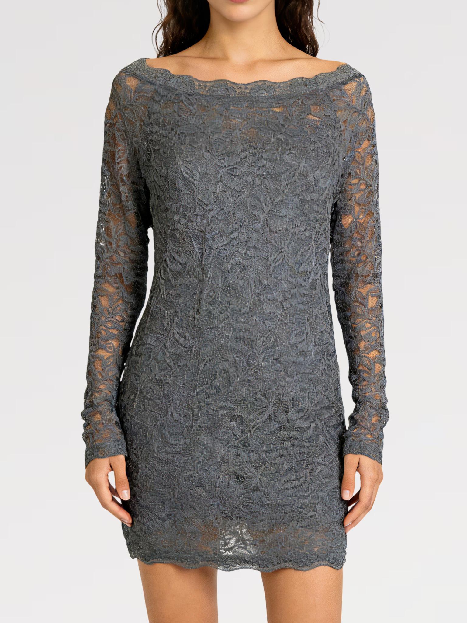 Abito Corto in Pizzo Elasticizzato Manica Lunga Elegante con Scollatura Rotonda e Tessuto Morbido per Occasioni Speciali