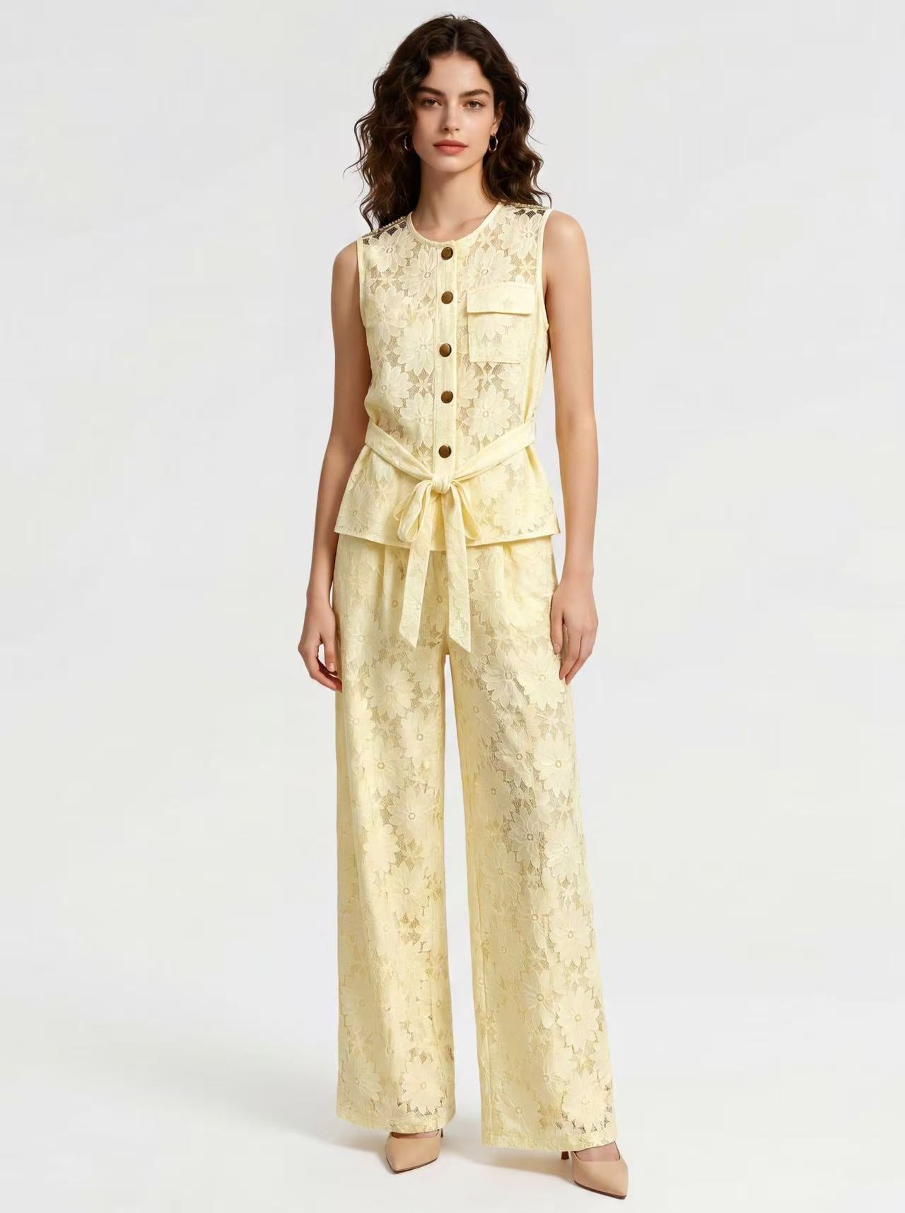 Completo Smanicato Pizzo – Top con Nodo & Pantalone Palazzo