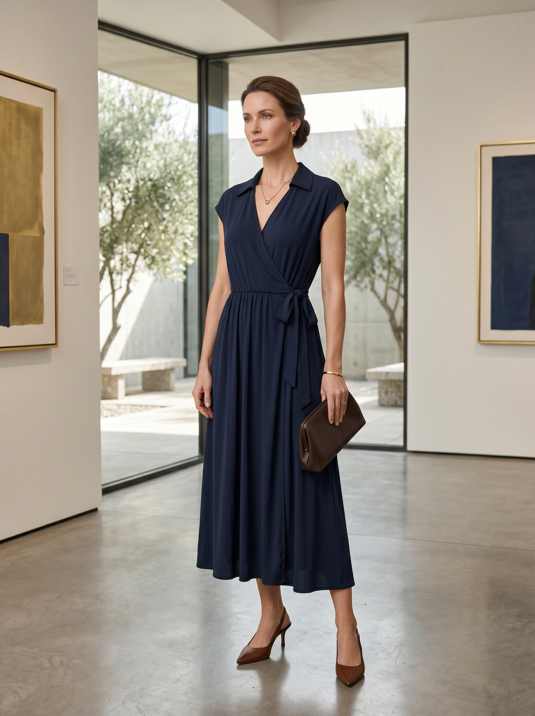 【Lady First】Abito TERESA  lungo senza maniche collare camicia 100% viscosa avvolgente vita regolabile -made in italy