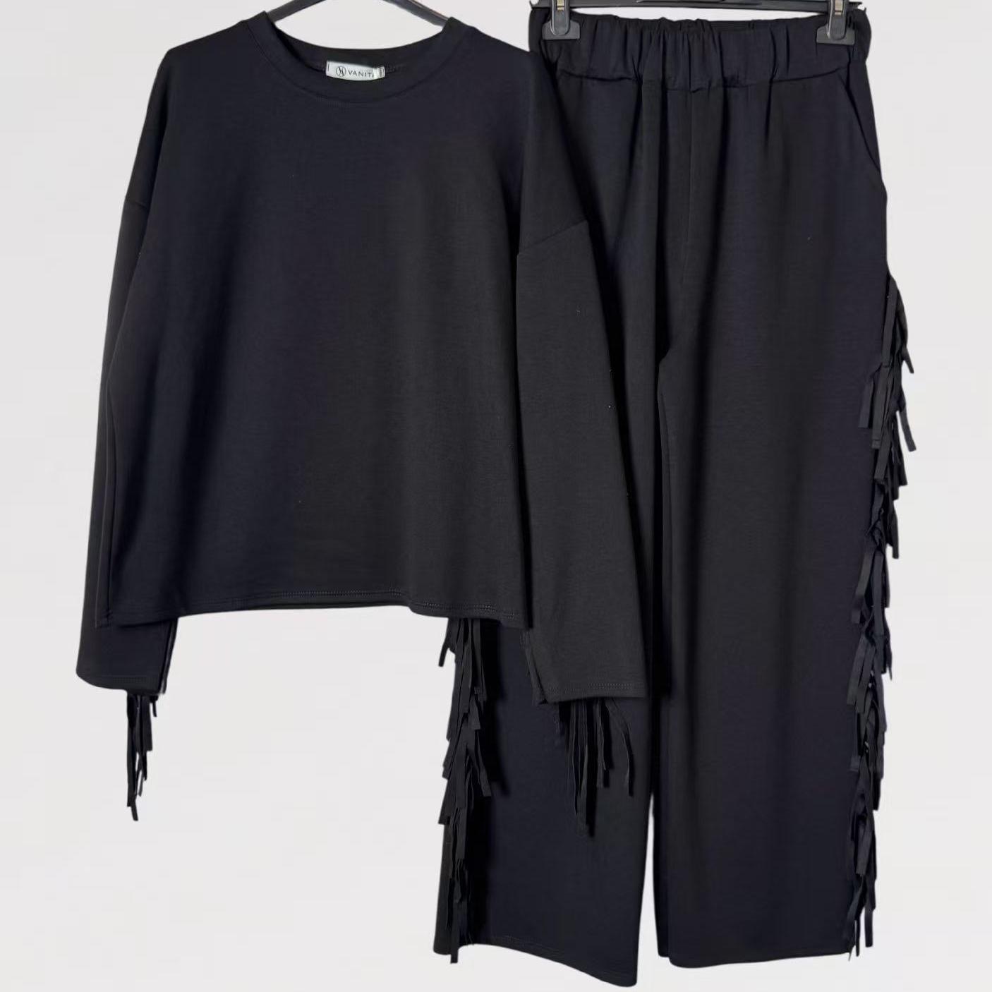 Completo Frangia - Maglia Oversize con Frange e Pantalone Elasticizzato Made in Italy Taglia Unica Comfort e Stile Casual Chic