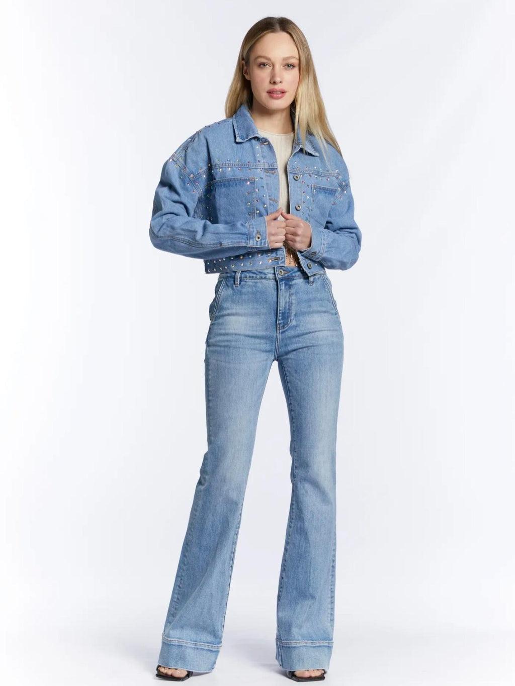 Giacca Denim Crop con Strass Lumina Multicolor