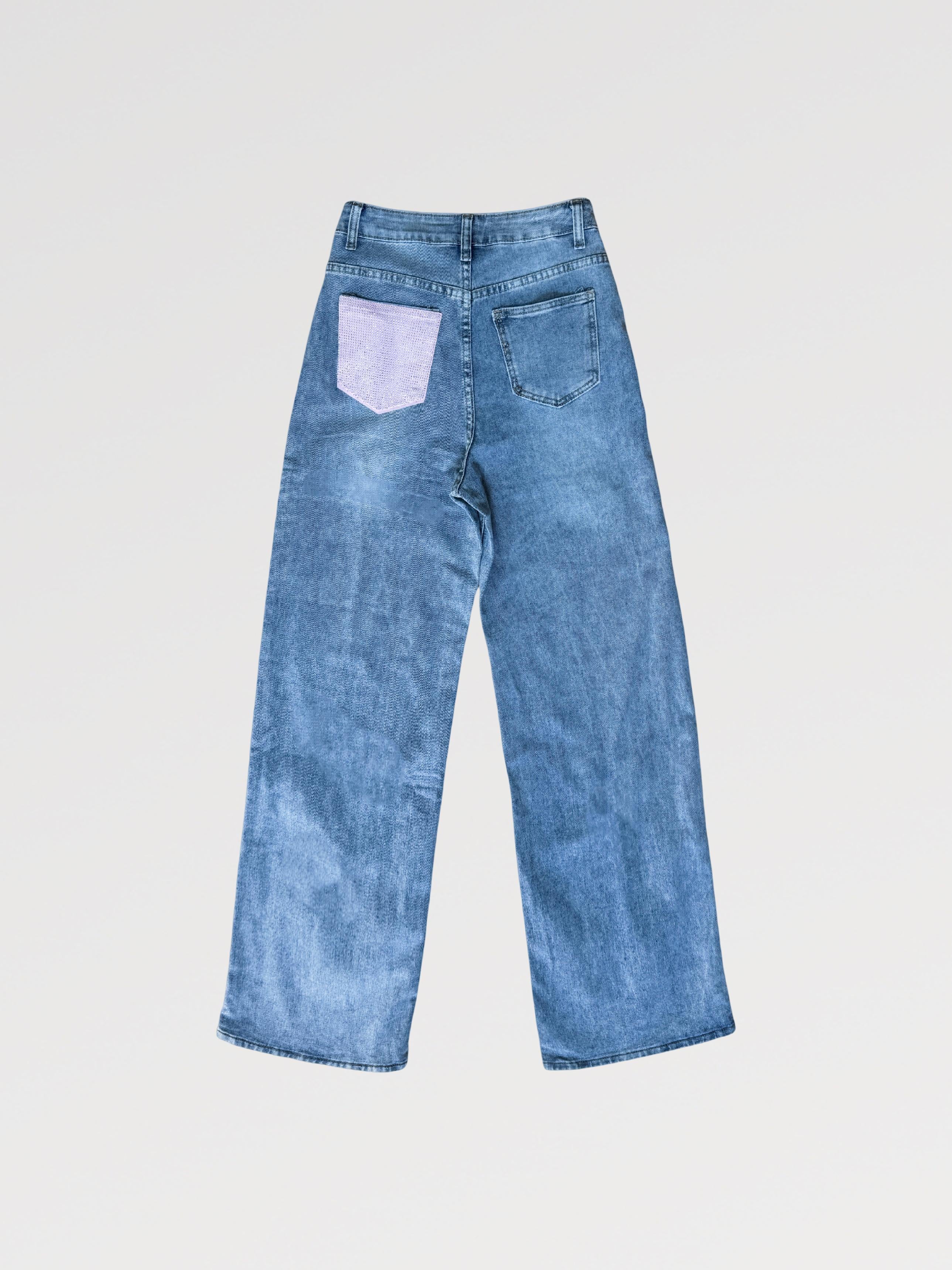 Jeans Galassia Rosa - Jeans elasticizzato Chiaro con tasca posteriore rifinito con tessuto rosa e brillantinato