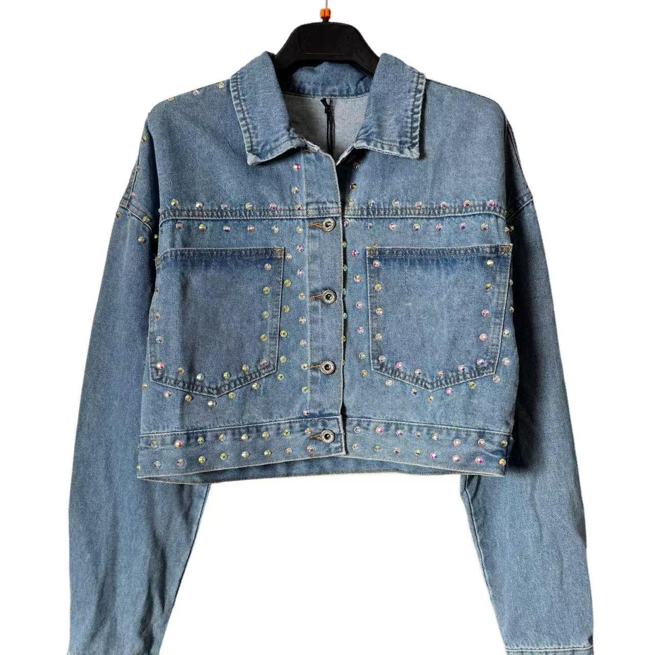Giacca Denim Crop con Strass Lumina Multicolor