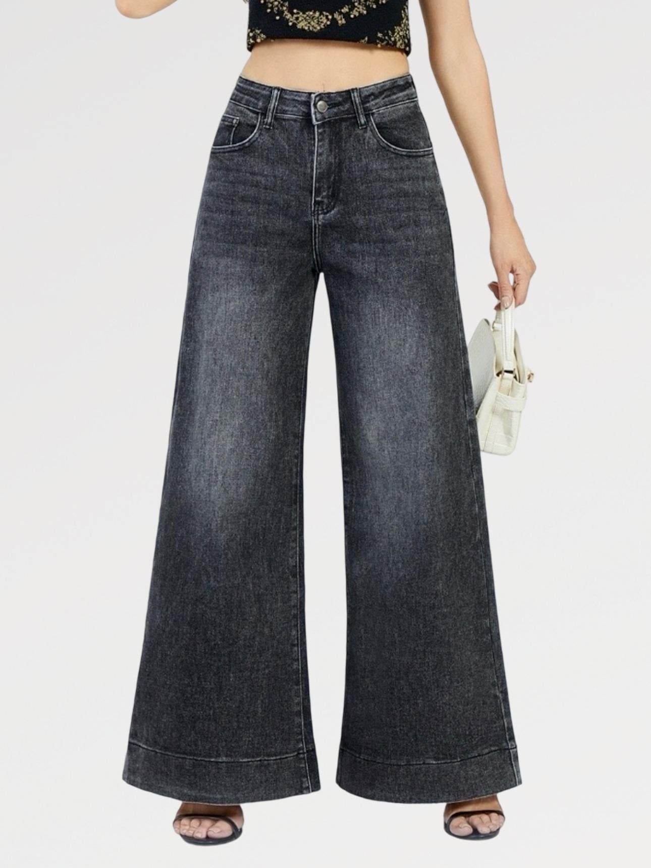 Jeans Palazzo ELSA  Elasticizzati a Vita Alta Nero & Blu Design Moderno e Femminile Gamba Ampia Denim Comfortevole e Modellante con Chiusura Bottone e Zip