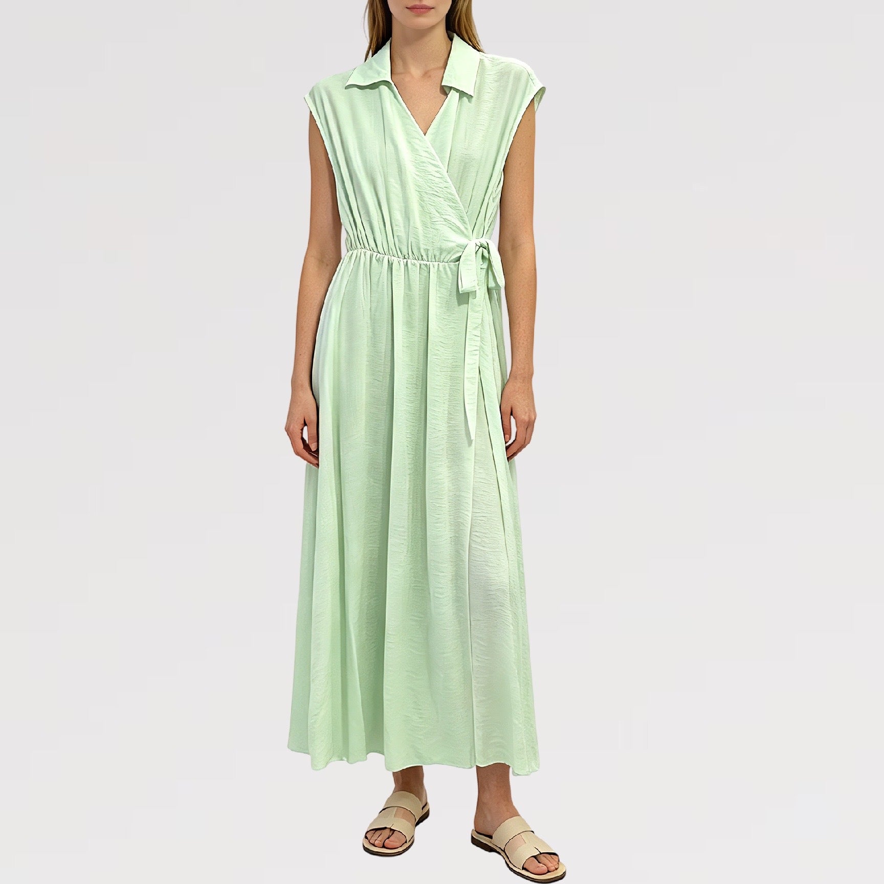 【Lady First】Abito TERESA  lungo senza maniche collare camicia 100% viscosa avvolgente vita regolabile -made in italy