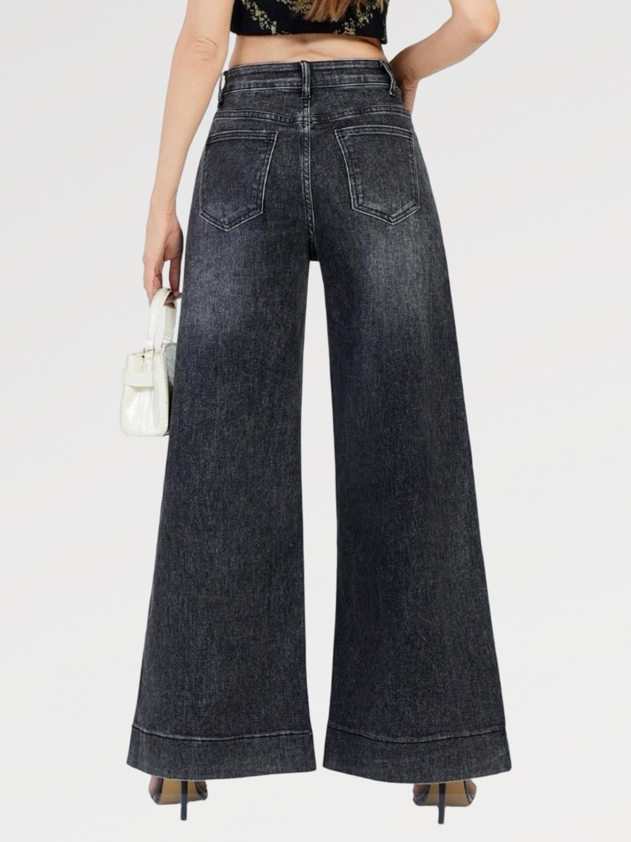 Jeans Palazzo ELSA  Elasticizzati a Vita Alta Nero & Blu Design Moderno e Femminile Gamba Ampia Denim Comfortevole e Modellante con Chiusura Bottone e Zip